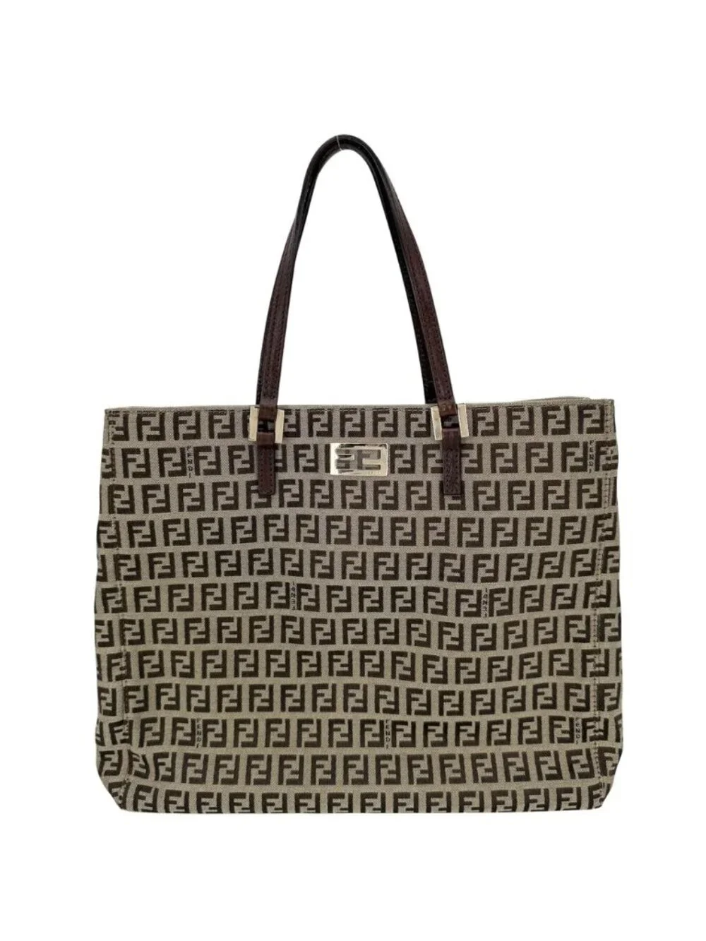 Fendi Tote Zucchino Handbag Canvas Leather Brown Gold